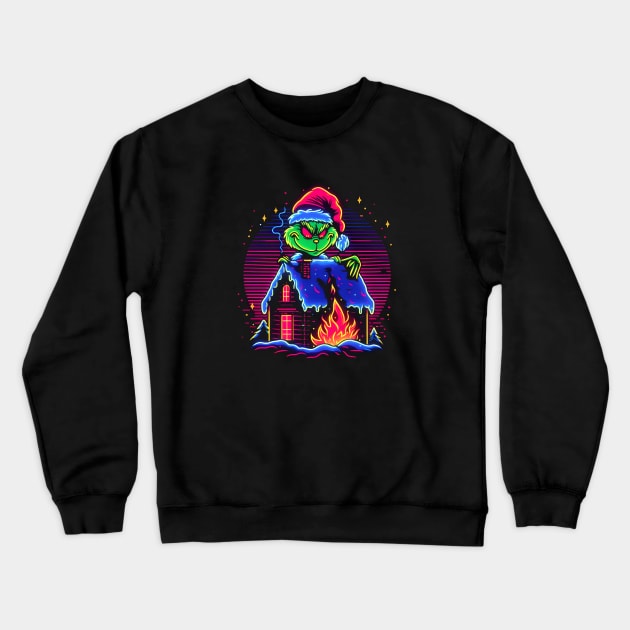 GRINCH CHRISTMAS HOUSE ON FIRE RETRO 80'S VIBE Crewneck Sweatshirt by athirdcreatives